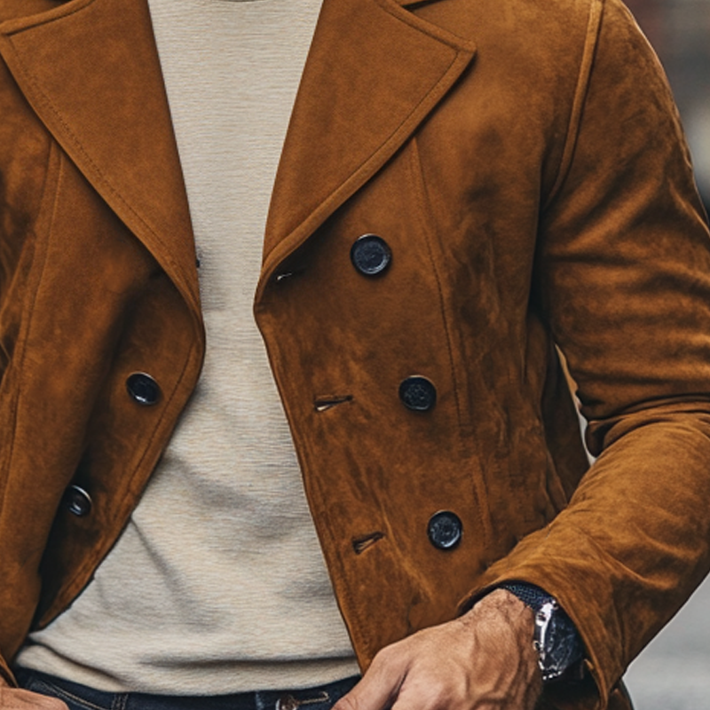 Men's Vintage Solid Lapel Double-Breasted Faux Suede Jacket MTA0421I5X