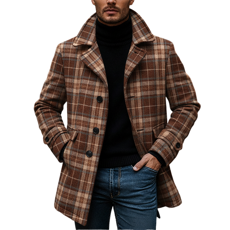 Men's Brushed Plaid Jacquard Lapel Mid-length Coat MTA2440K4X