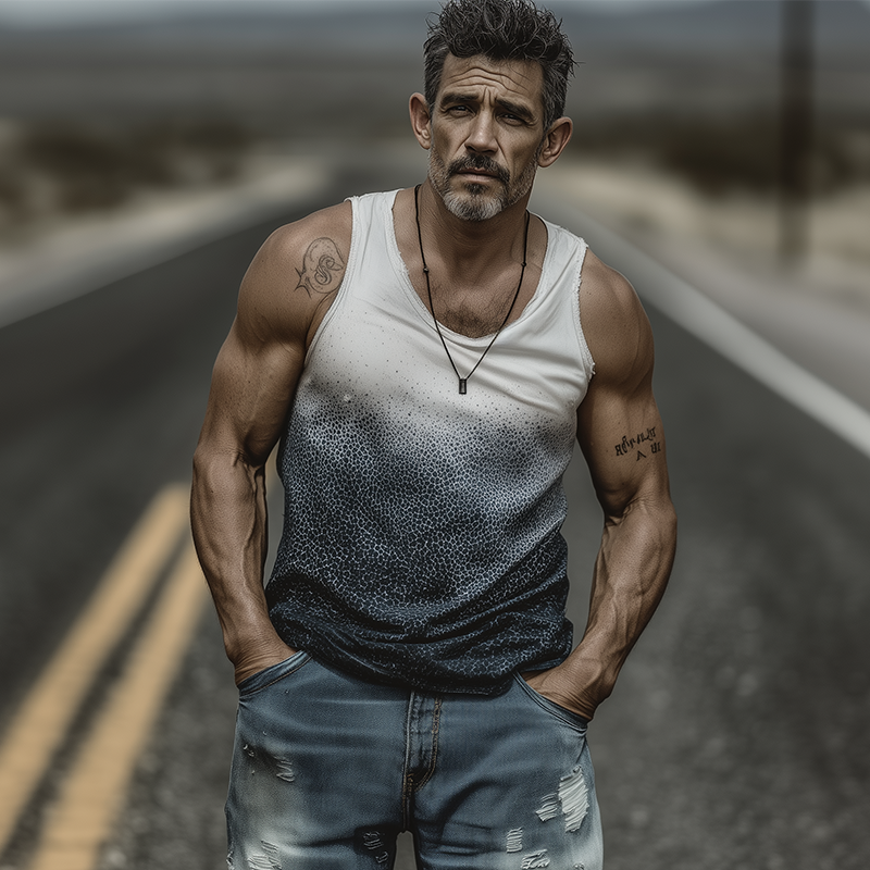 Men's Spring And Summer Fashion Casual Art Print U-neck Cuffs Raw Edge Cotton Blended Tank Top MTA0958G3K