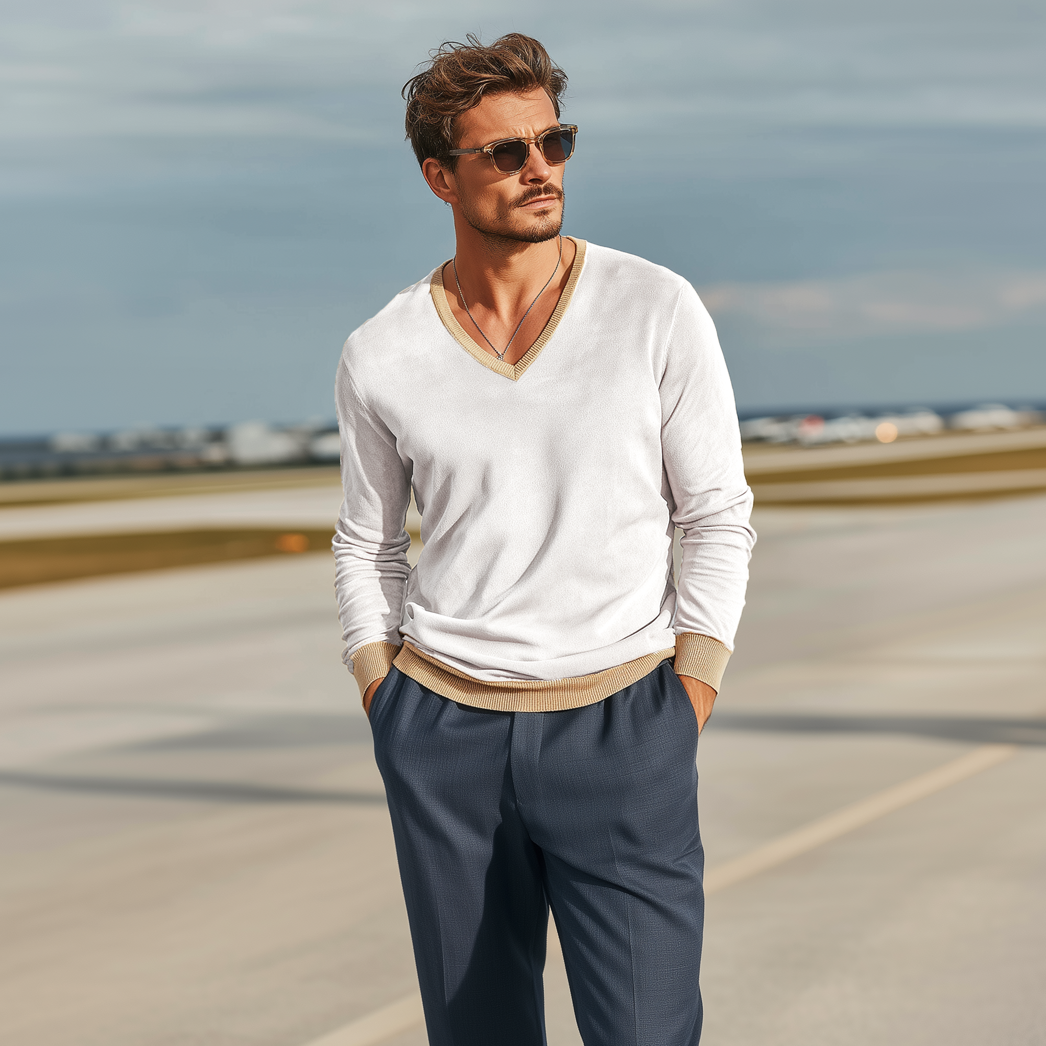 Men's Classic Casual Collar, Cuffs And Hem Ribbed Stitching Thin Suede V-neck Long-sleeved T-shirt MTA2323G5K