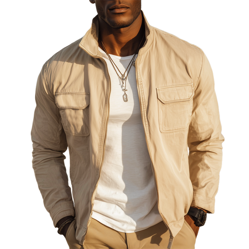 Men's Basic Stand Collar Zipper Cotton Bomber Jacket MTA0534H2U