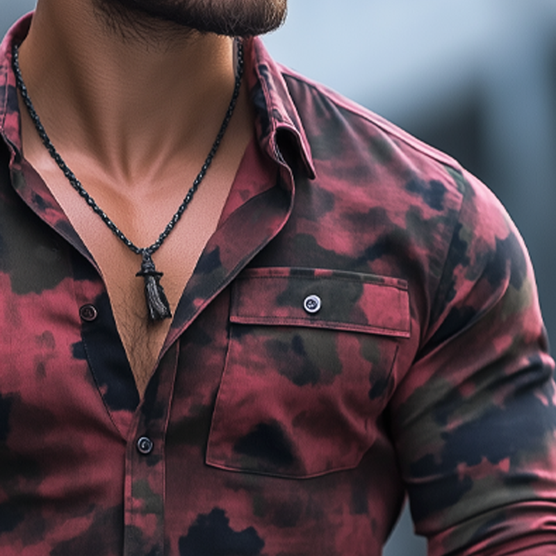 Men's Spring And Autumn Black And Red Camouflage Long-sleeved Shirt MTA0110H8U