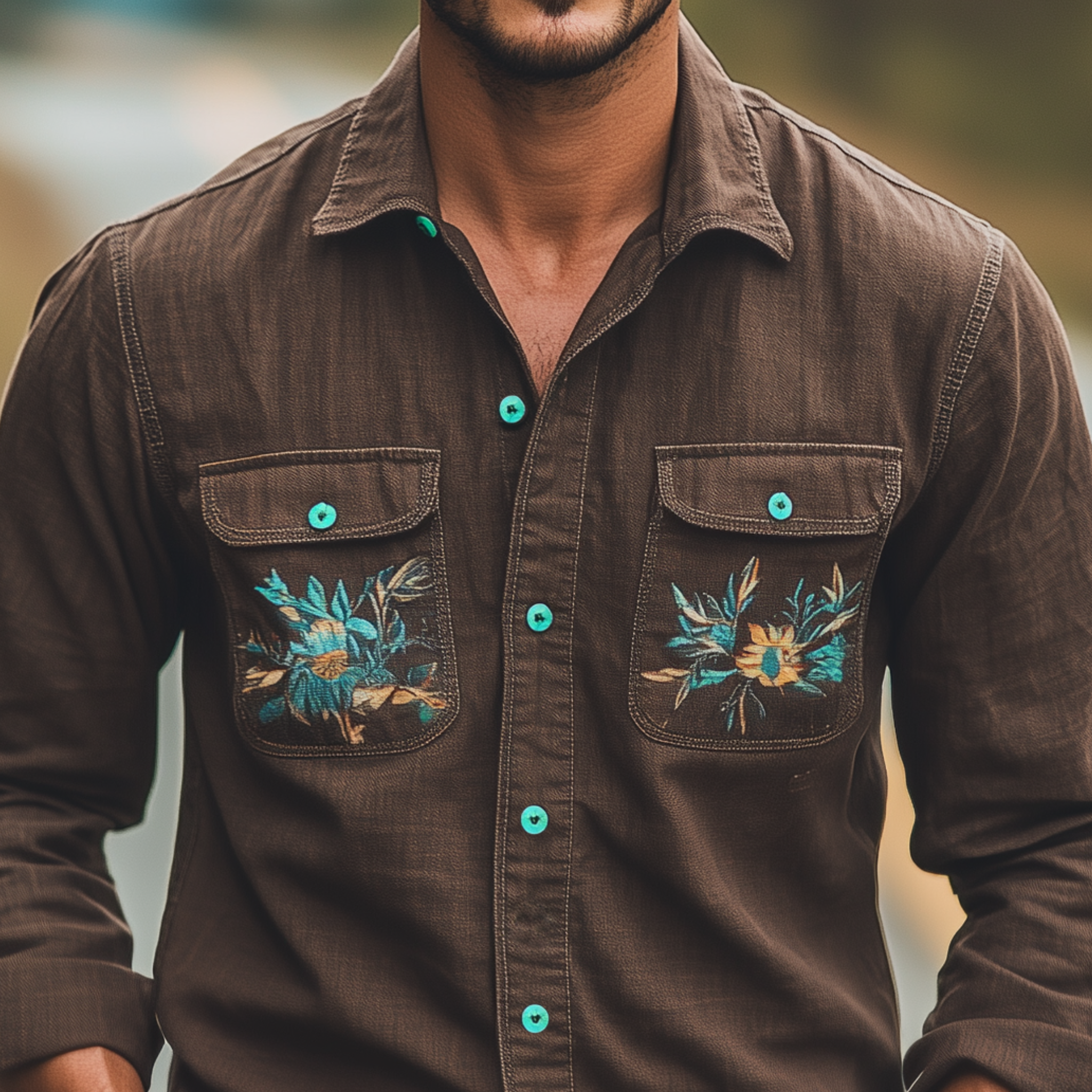 Men's Classic Casual Lapel Cotton And Linen Blend Pocket Embroidery Long Sleeve Shirt MTA2227G2K
