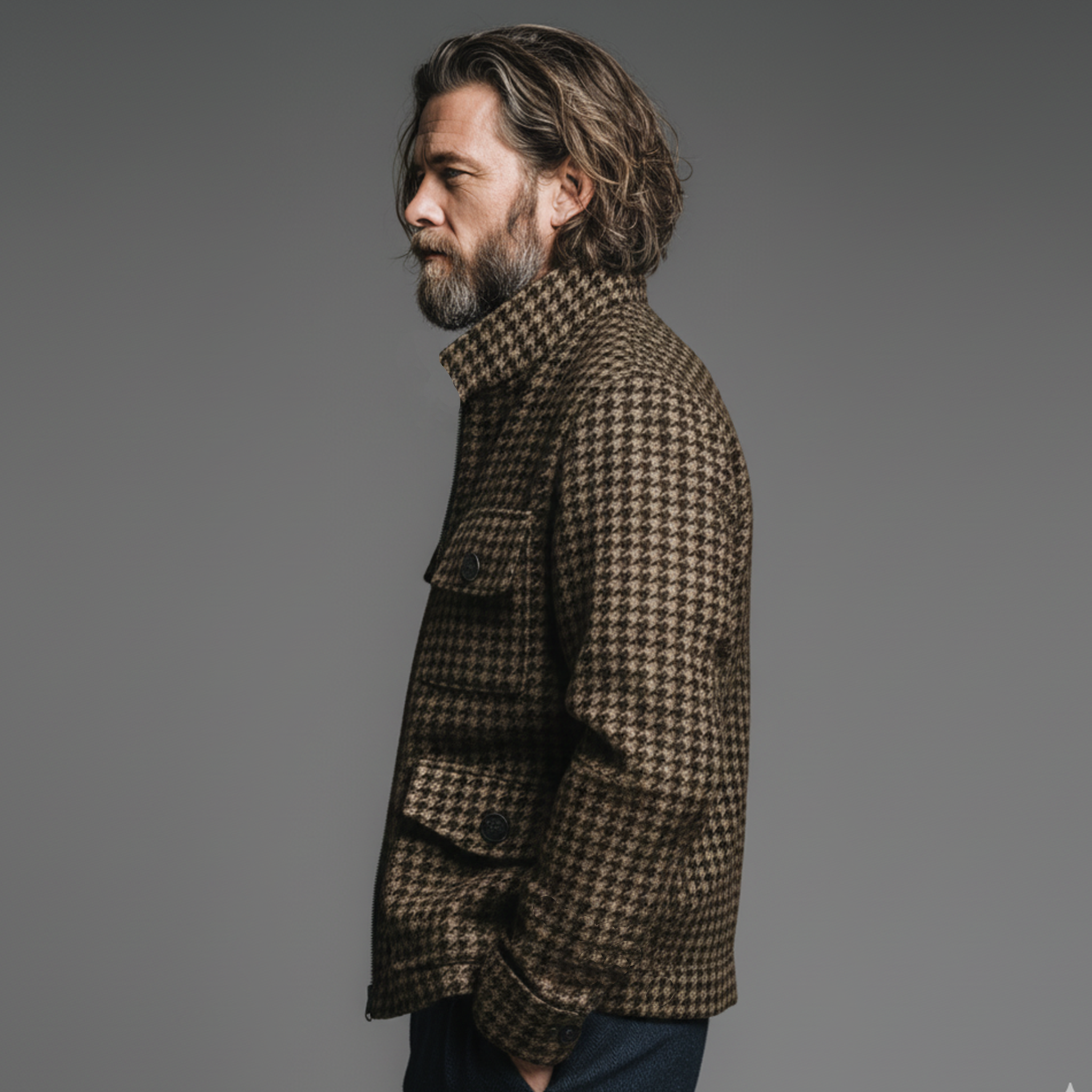 Men's Classic Casual Stand Collar Faux Houndstooth Wool Multi-pocket Zipper Jacket MTA1347J4K