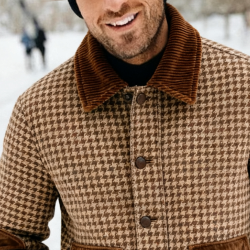 Men's Retro Casual Houndstooth Patchwork Lapel Button Jacket