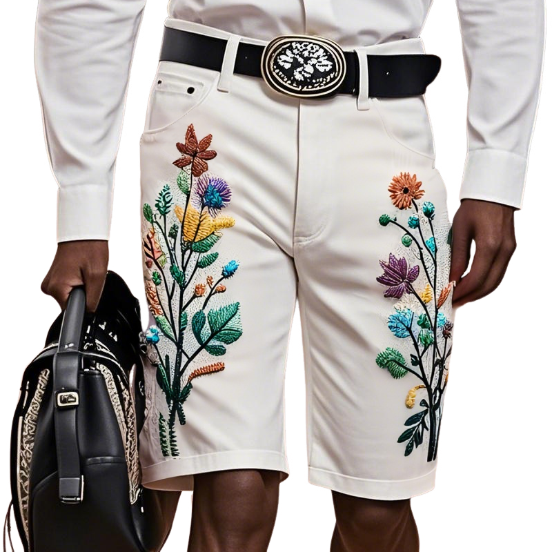 Men'S Fashion Retro Embroidered Straight Denim Shorts MTA0940E9Z