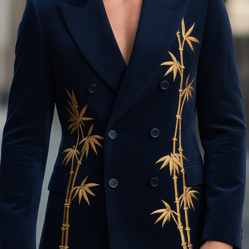 Men's Vintage Casual Velvet Bamboo Embroidery Double Breasted Blazer MTA0777G2TO