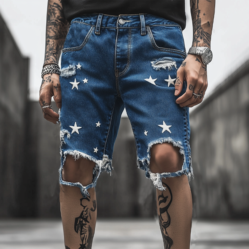 Men's Summer Fashion Star Printed Ripped Denim Shorts MTA0457F6U