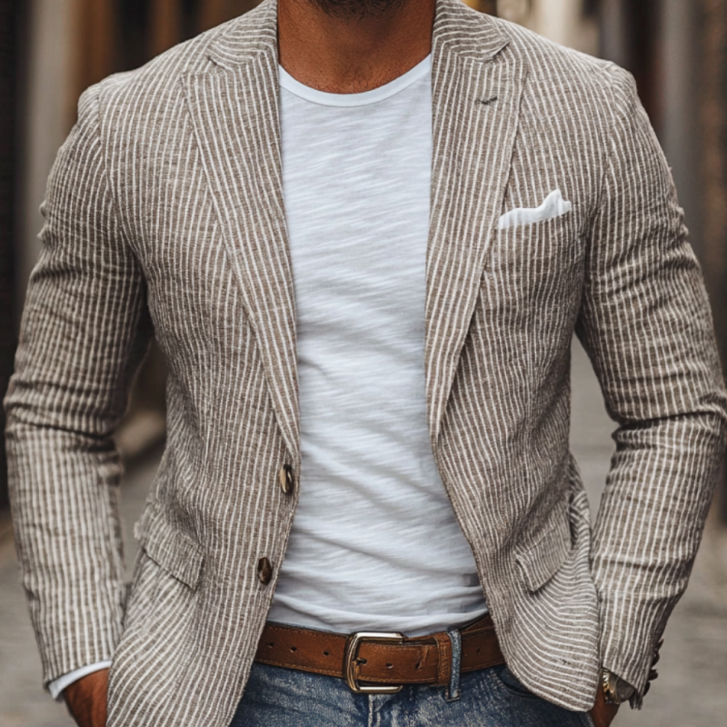 Men's Casual Breathable Linen Pinstripe Notched Lapel Single Breasted Slim Fit Blazer MTA2860D6M