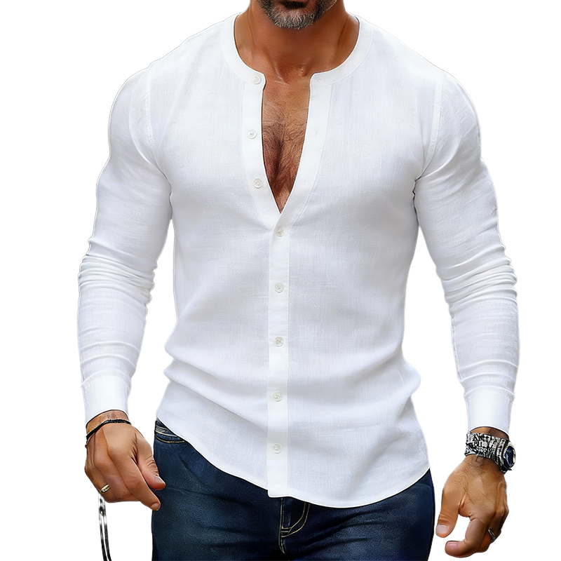 Men's Retro Casual Cotton Linen Crew Neck Long-Sleeve Shirt MTZ2064A6TO