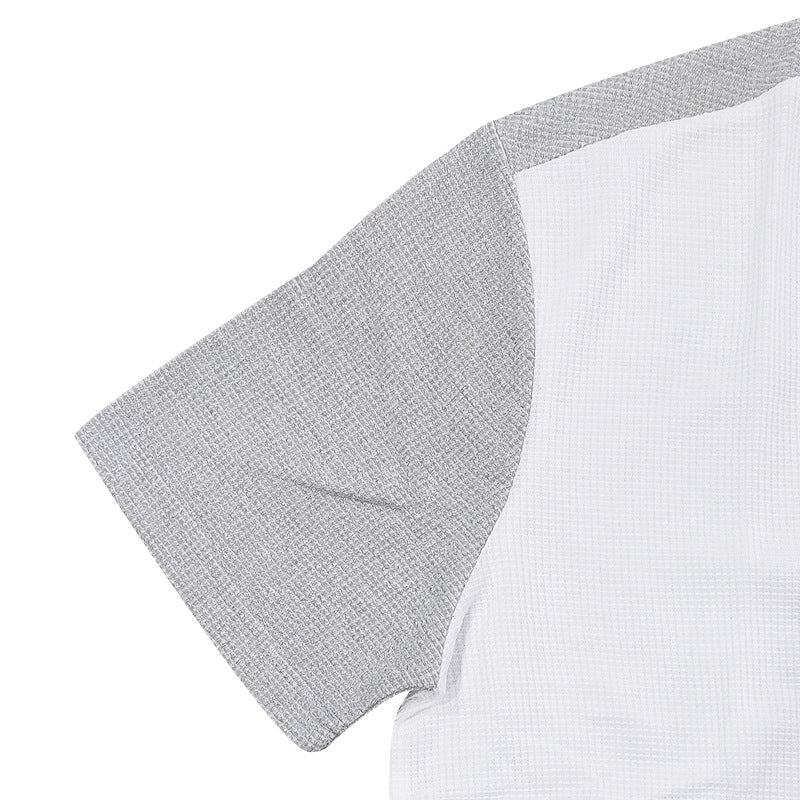 Men's Spring And Summer Fashion Casual Waffle Color Contrast Stitching Henry Collar Short Sleeve T-shirt MTA3021F4K