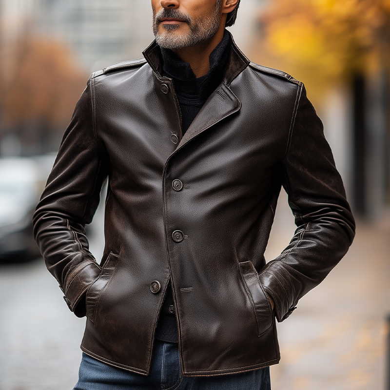 Men's Vintage Distressed PU Faux Leather Button-up Jacket MTA1654L1P