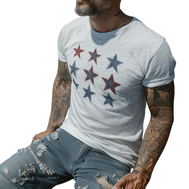 Men's Retro Casual Star Printed Round Neck Short Sleeve T-Shirt MTA1199G1TO