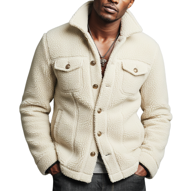 Men's Urban Style Off-white Fleece Button-up Slim-fit Jacket MTA2541K5U