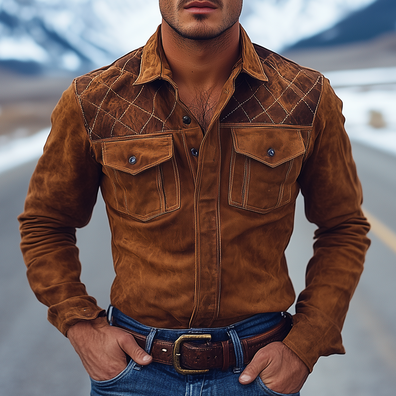 Men's Retro-Style Patchwork Quilted Lapel Faux Suede Long-Sleeve Shirt MTA0543K4X