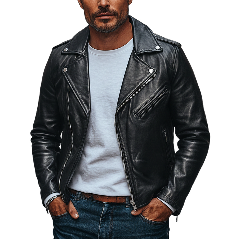 Men's Solid Color Slim Fit Lapel Motorcycle Style PU Zip-up Jacket MTA0520L7X