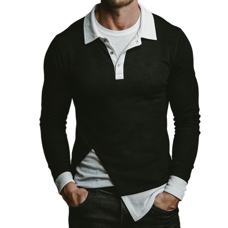 Men's Vintage Casual Color-Block Polo Long-Sleeve T-Shirt MTZ2974A7TO