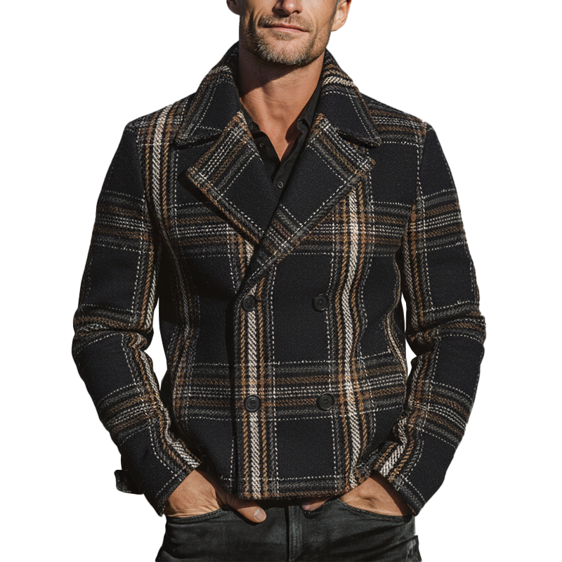 Men's Winter Fashion Plaid Faux Wool Double-breasted Short Lapel Coat MTA2556I7P