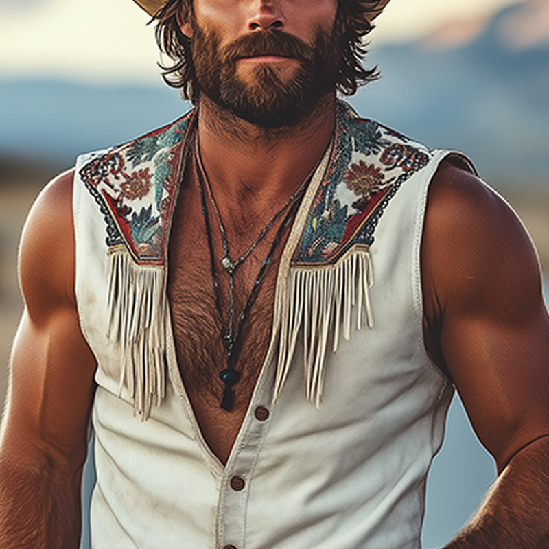Men's Spring And Summer Fashion Retro Western Cowboy Style Thin Suede Metal Button Embroidery Tassel V-neck Sleeveless Shirt MTA1521E8K