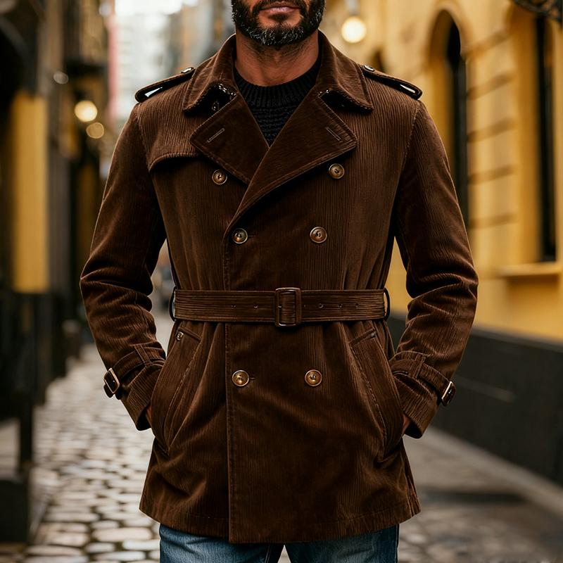 Men's Vintage Corduroy Navy Double-breasted Mid-length Coat MTA2522J3X