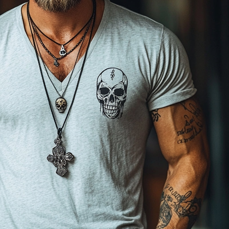 Men's Solid Color Cotton Skull Print Short Sleeve T-Shirt MTA3094D7X
