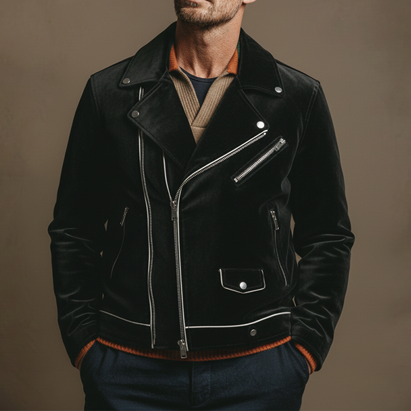Men's Solid Color Retro Velvet Lapel Motorcycle Multi-zip Jacket MTA1909K4X