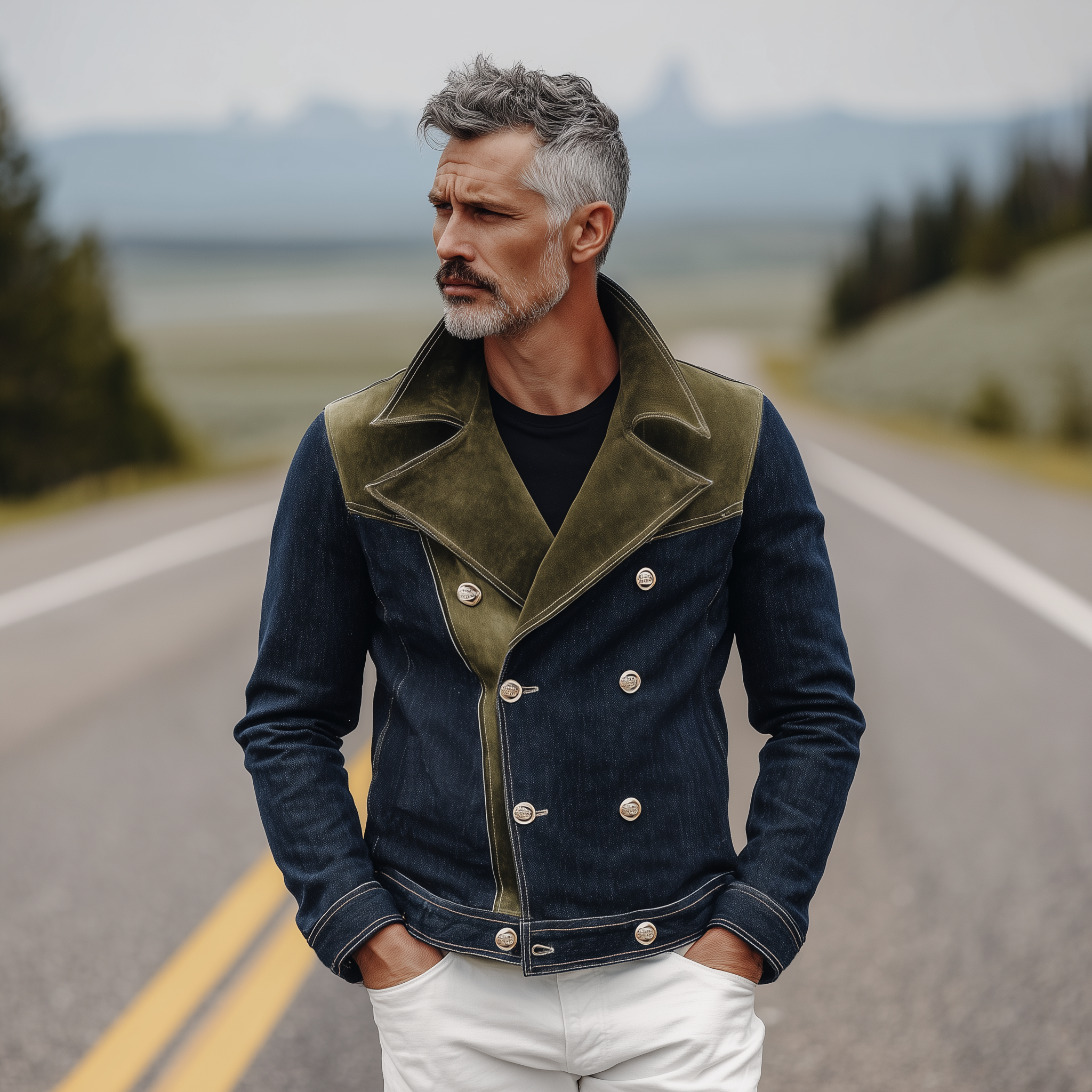 Men's Classic Western Vintage Suede And Denim Lapel Double-Breasted Jacket MTA0319I0K
