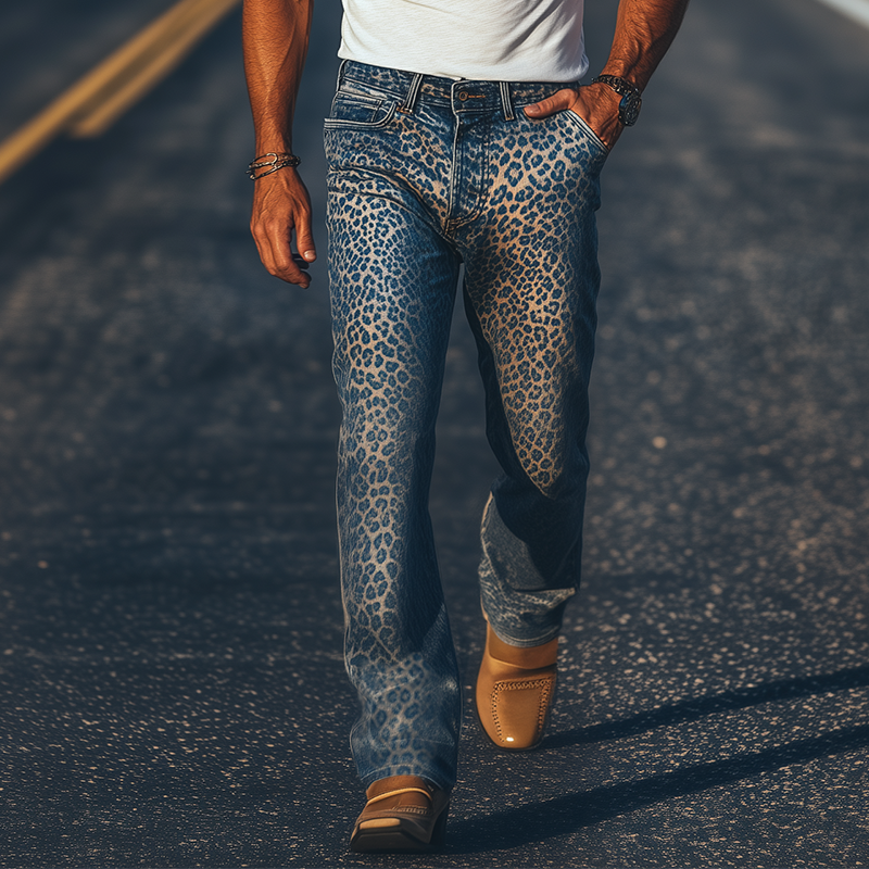 Men's Spring And Summer Fashion Retro Western Cowboy Style Washed Denim Leopard Print Casual Pants MTA1337E1K
