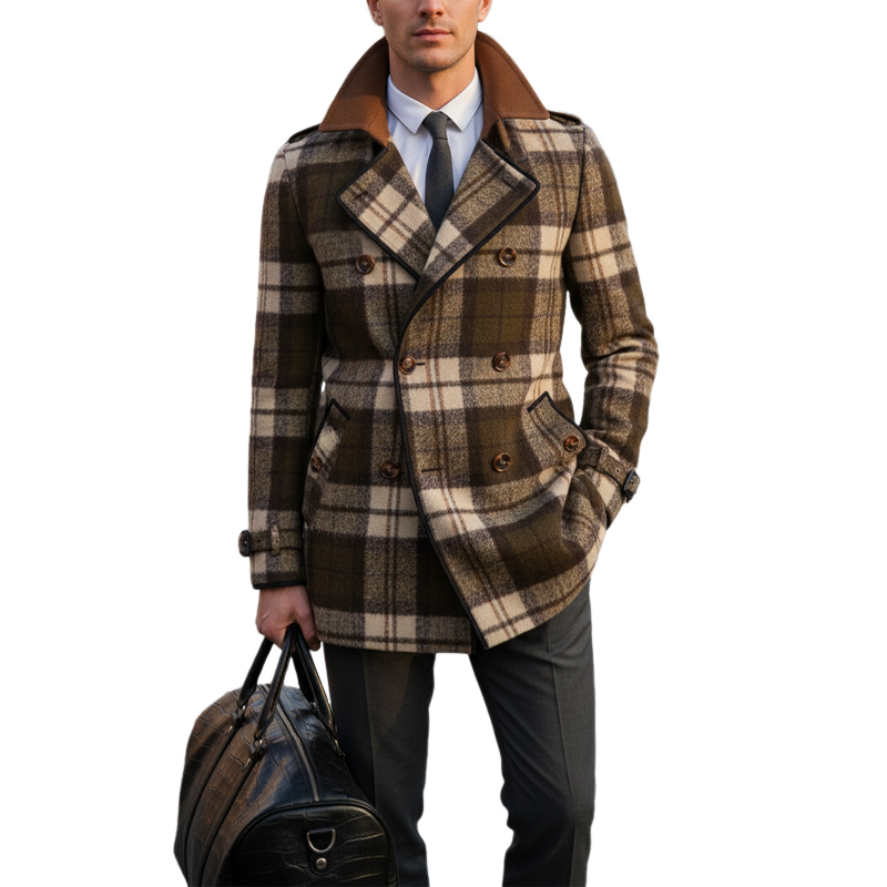 Men's Classic Plaid Colorblock Collar Double-Breasted Short Coat MTA2591I2U