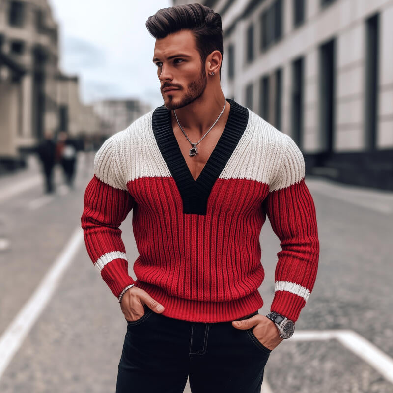 Men's Stylish Contrast Color Breathable Knitted V-Neck Slim Fit Pullover Sweater MTA2838H0M