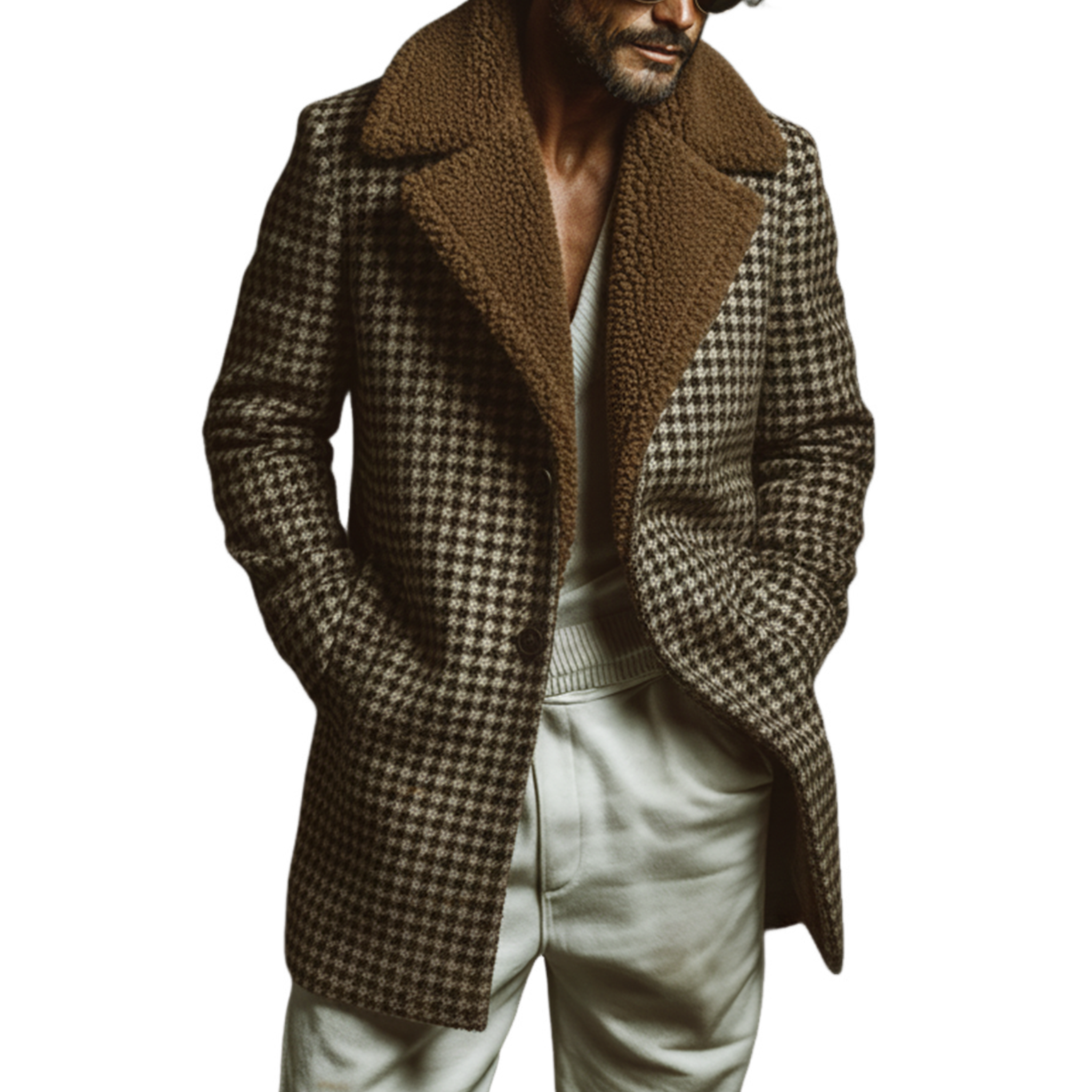 Men's Classic Retro Fleece Lapel Faux Houndstooth Wool Blend Thigh-length Coat MTA3152J1K