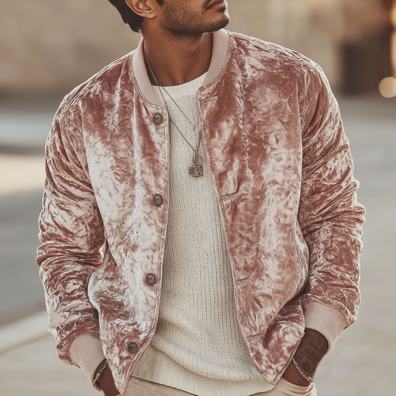 Men's Urban Light Pink Velvet Button-up Baseball Jacket MTA0470L8U