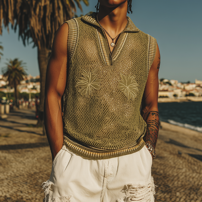 Men's Spring And Summer Fashion Casual Embroidered Knitted V-Neck Tank Top MTA2060F2K