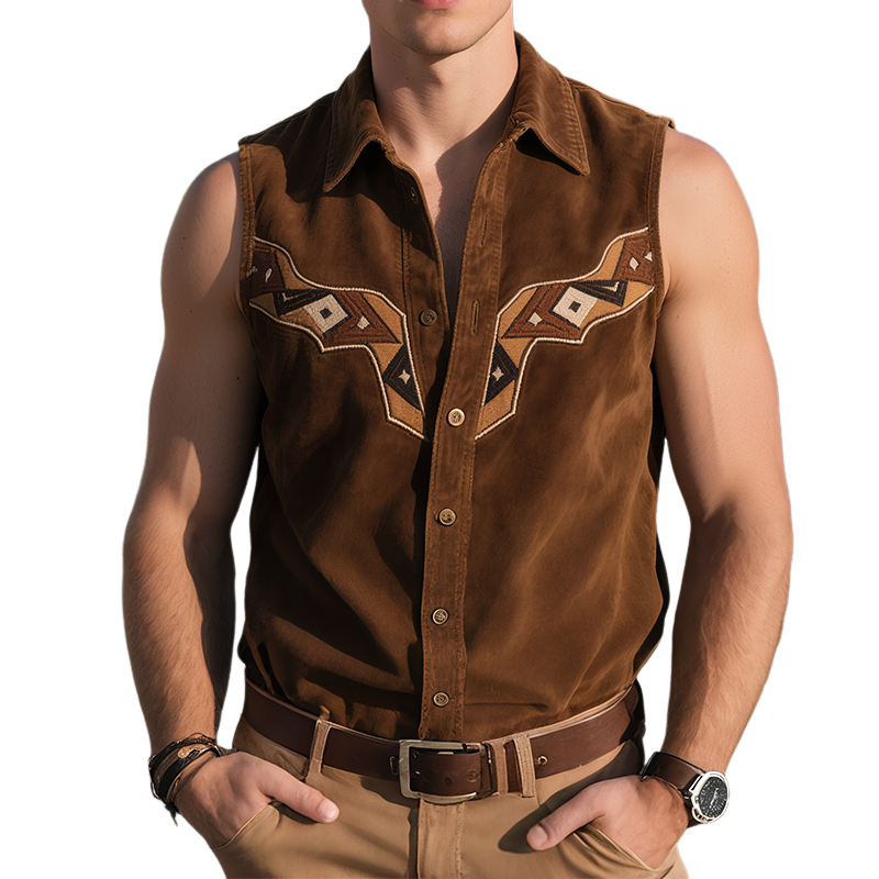 Men's Vintage Casual Western Suede Geometric Embroidery Lapel Sleeveless Shirt MTA2297G8TO