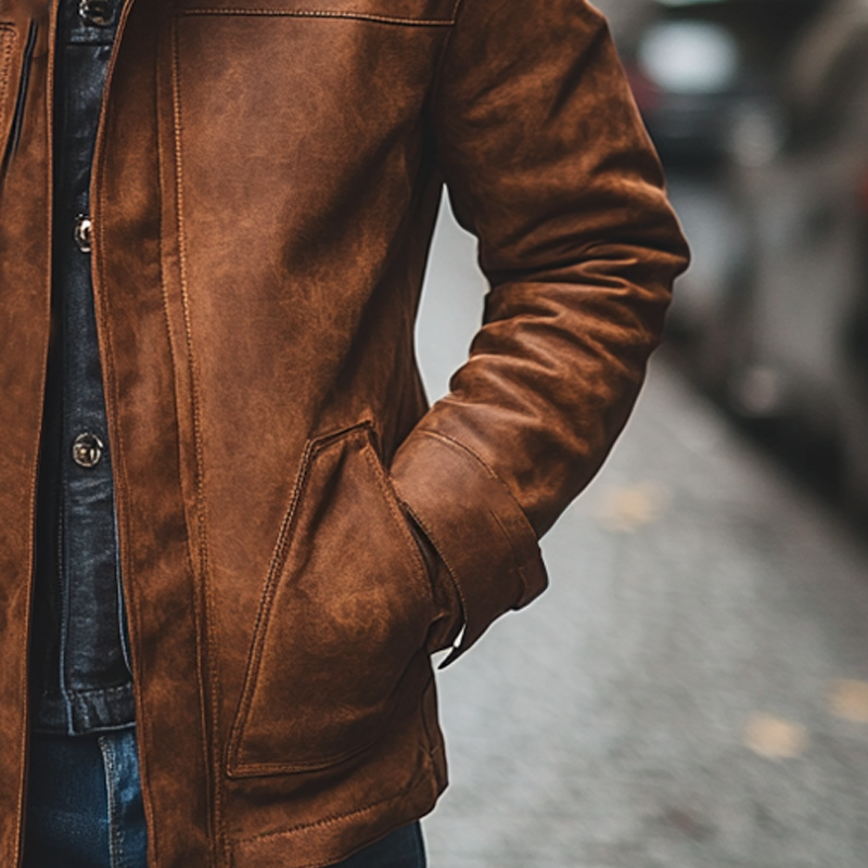 Men's Retro Solid Color Lapel Zipper PU Jacket MTA0535K9X