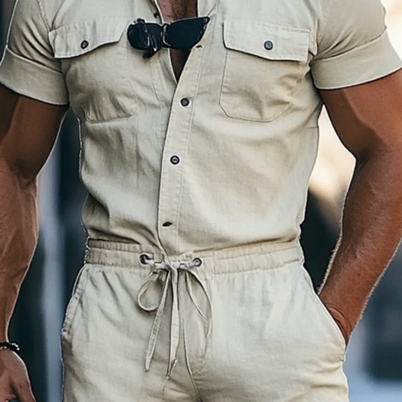 Men's Fashion Lapel Short Sleeve Single Breasted Multi-Pocket Drawstring Shorts Jumpsuit MTA2315F8Y