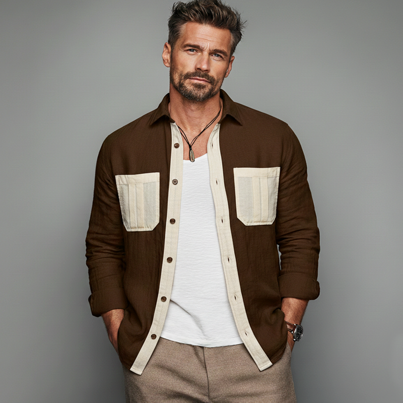 Men's Stylish Color-block Cotton And Linen Long-sleeved Shirt MTZ0531B5U
