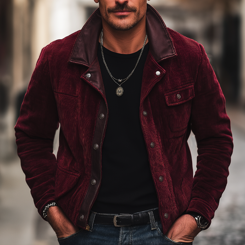 Men's Retro Dark Red Corduroy And PU Leather Snap-Button Jacket MTA1384K8U