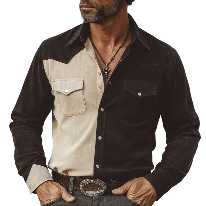 Men's Western-style Color-block Faux Suede Long-sleeved Shirt MTZ0877A8U