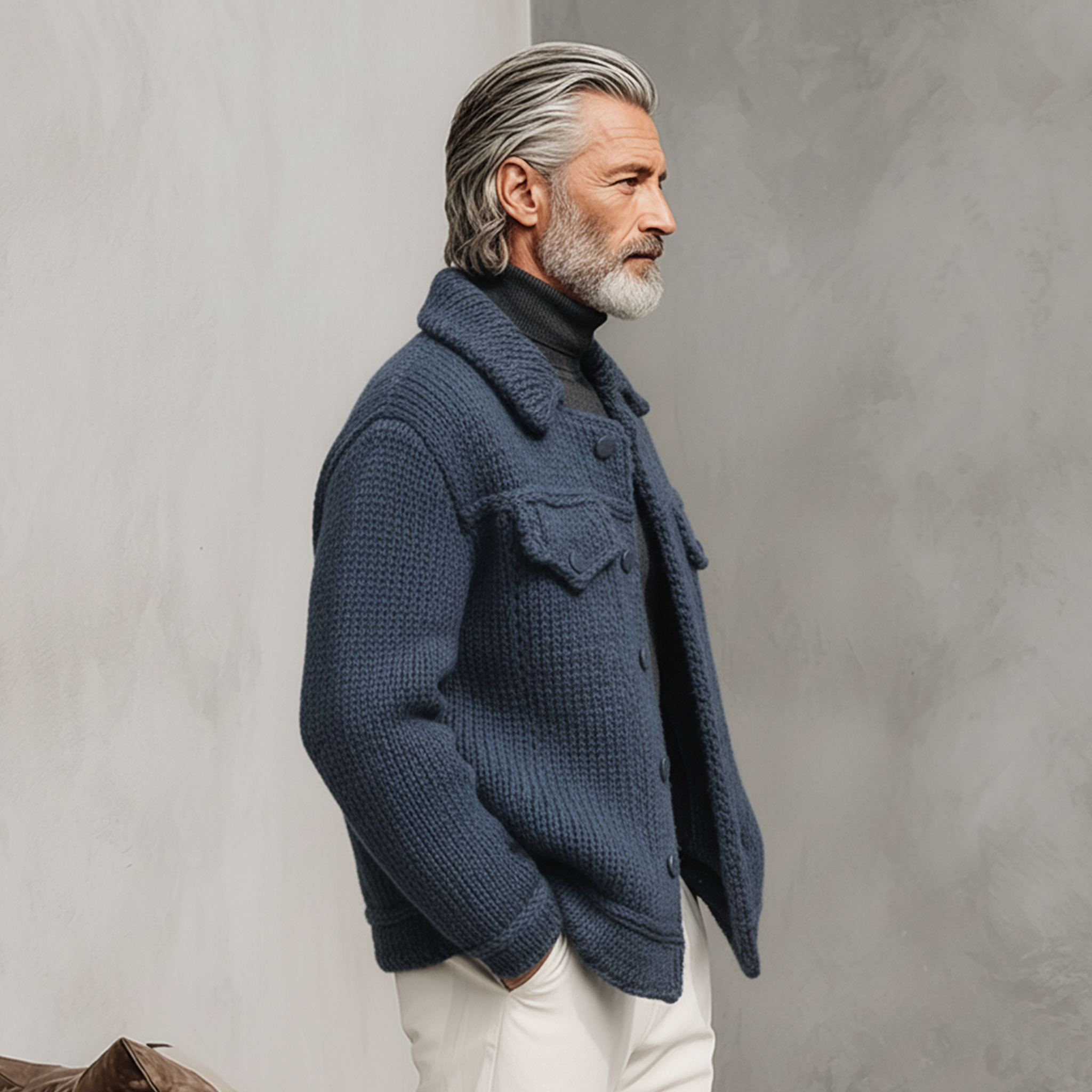 Men's Classic Casual Collared Decorative Pockets Knit Cardigan Jacket MTA0366K0K