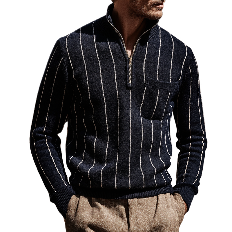 Men's Retro Casual Knit Striped Stand Collar Zipper Sweater MTA2495K8TO