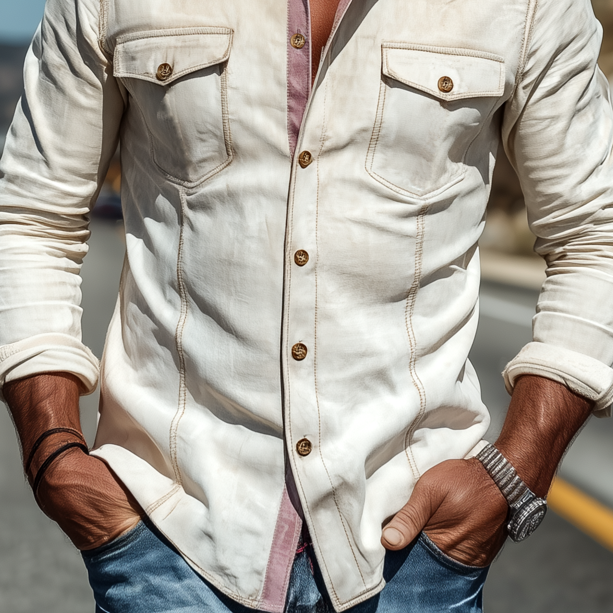 Men's Spring And Summer Fashion Casual Thin Suede Stitching Contrast Color Slim Long Sleeve Shirt MTA1704G5K
