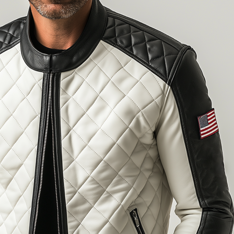 Men's Retro Casual Motorcycle Style Diamond Check PU Stand Collar Leather Jacket MTA2185H3TO