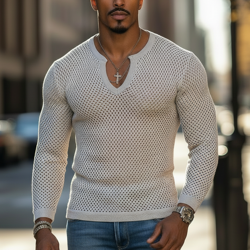 Men's Spring Fashion Hollow-Out Cotton Yarn Knitted V-Neck Slim-Fit T-Shirt MTZ0893A3P