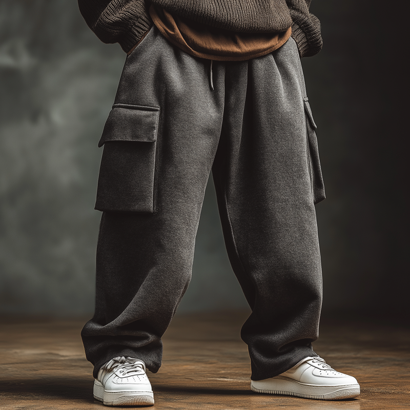 Men's Casual Dark Gray Cotton Blend Wide-leg Drawstring  Pants MTA3116J6U