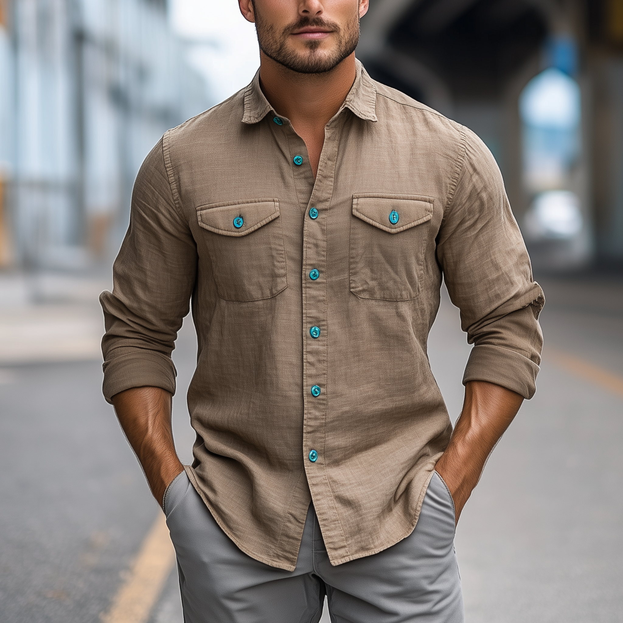 Men's Classic Casual Lapel Cotton And Linen Contrast Button Long Sleeve Shirt MTA2261G9K