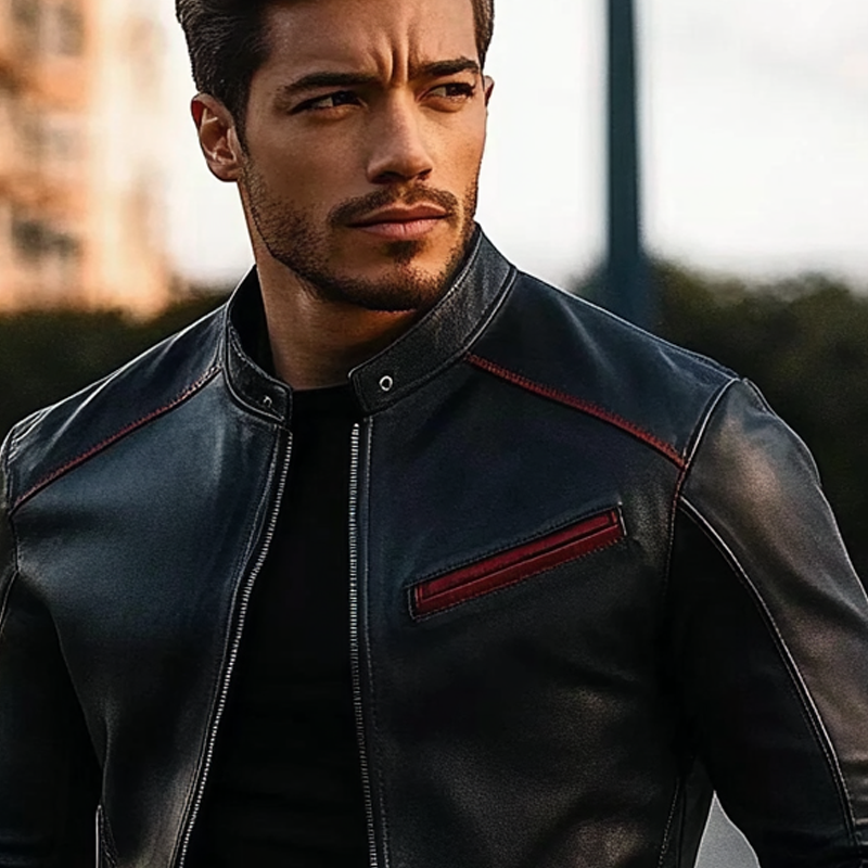 Men's Contrast Color Stand Collar PU Zipper Slim Fit Jacket MTA1558I5X