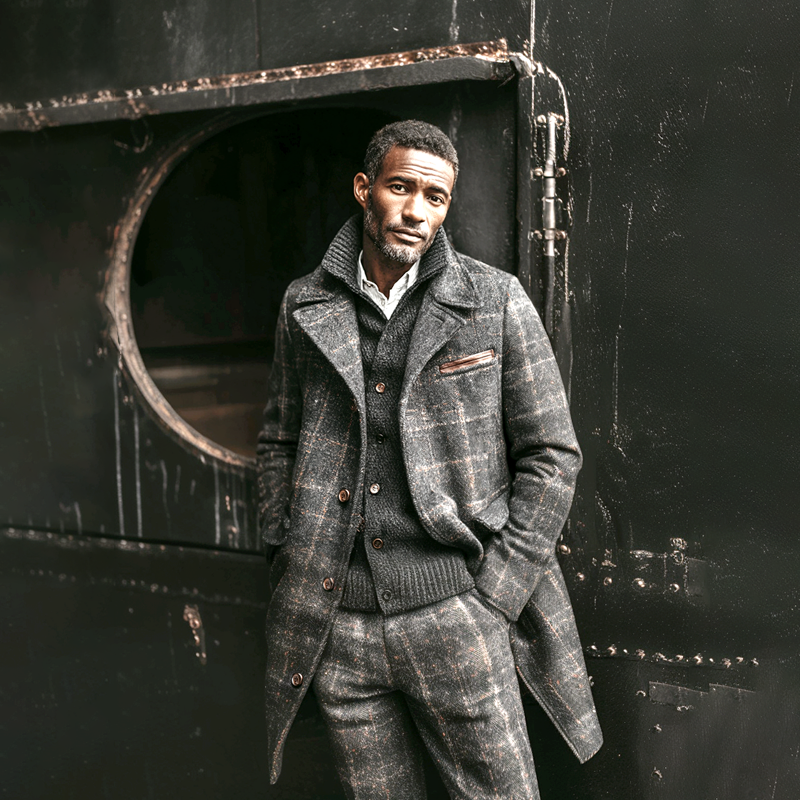 Men's Faux Wool Check Lapel PU Splicing Chest Pocket Mid-length Coat MTA1089I0Z