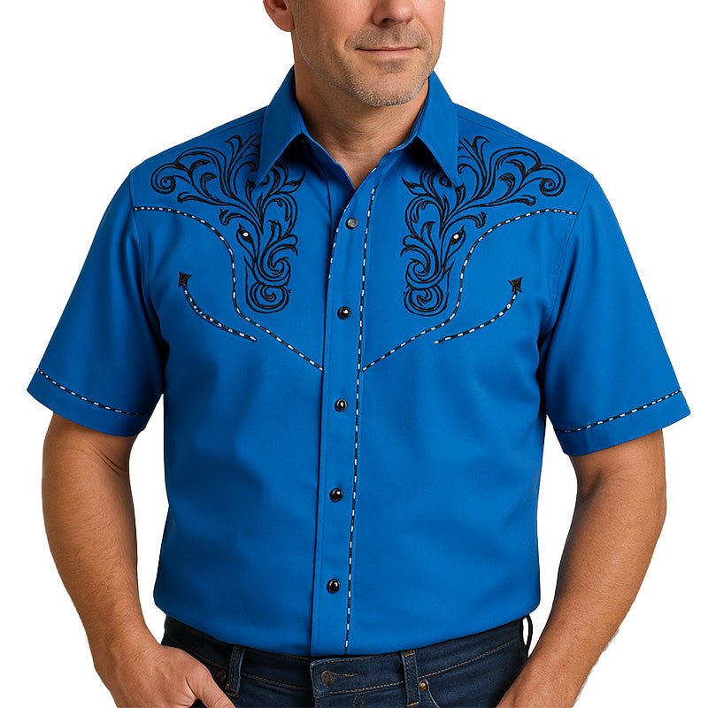 Men's Summer Western Cowboy Style Embroidered Cotton Short-Sleeved Casual Shirt MTA2048E1P