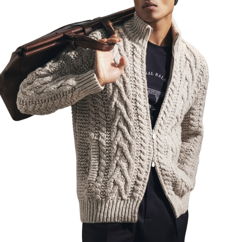 Men's Classic Light Grey Jacquard Stand Collar Zipper Cardigan MTA0936J7U